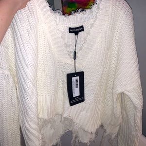 PrettyLittleThing White Fringe Distressed Sweater